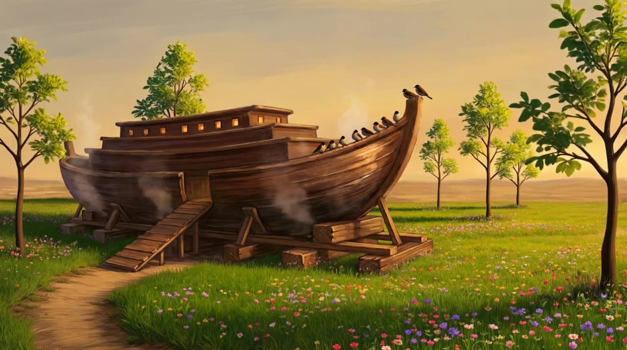 The same ship landed on green ground, trees grown around it and birds on the bow