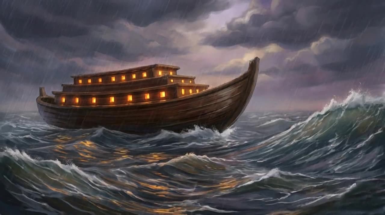 The ship in the storm, waves breaking over the hull